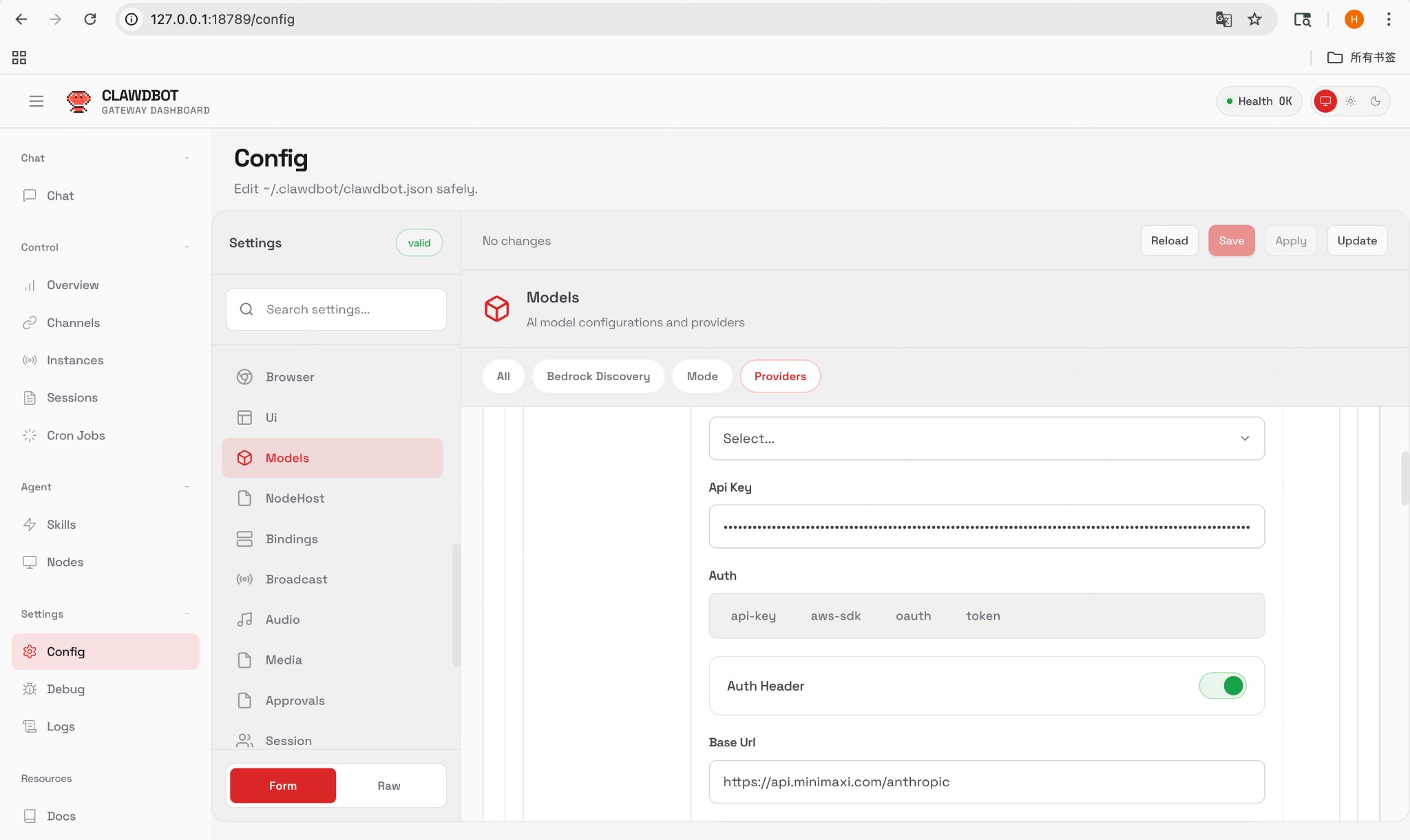 CLAWDBOT 网关仪表板 - Config 配置界面