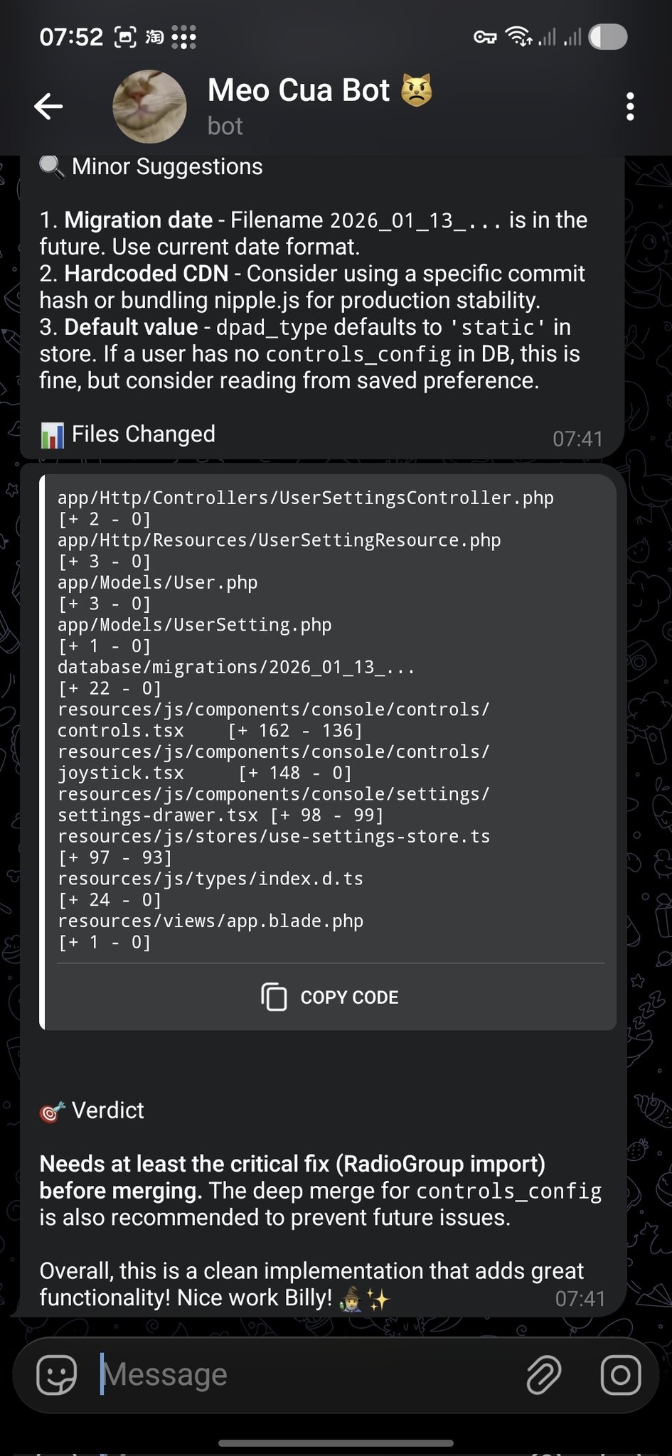 Telegram 中的 PR 审查